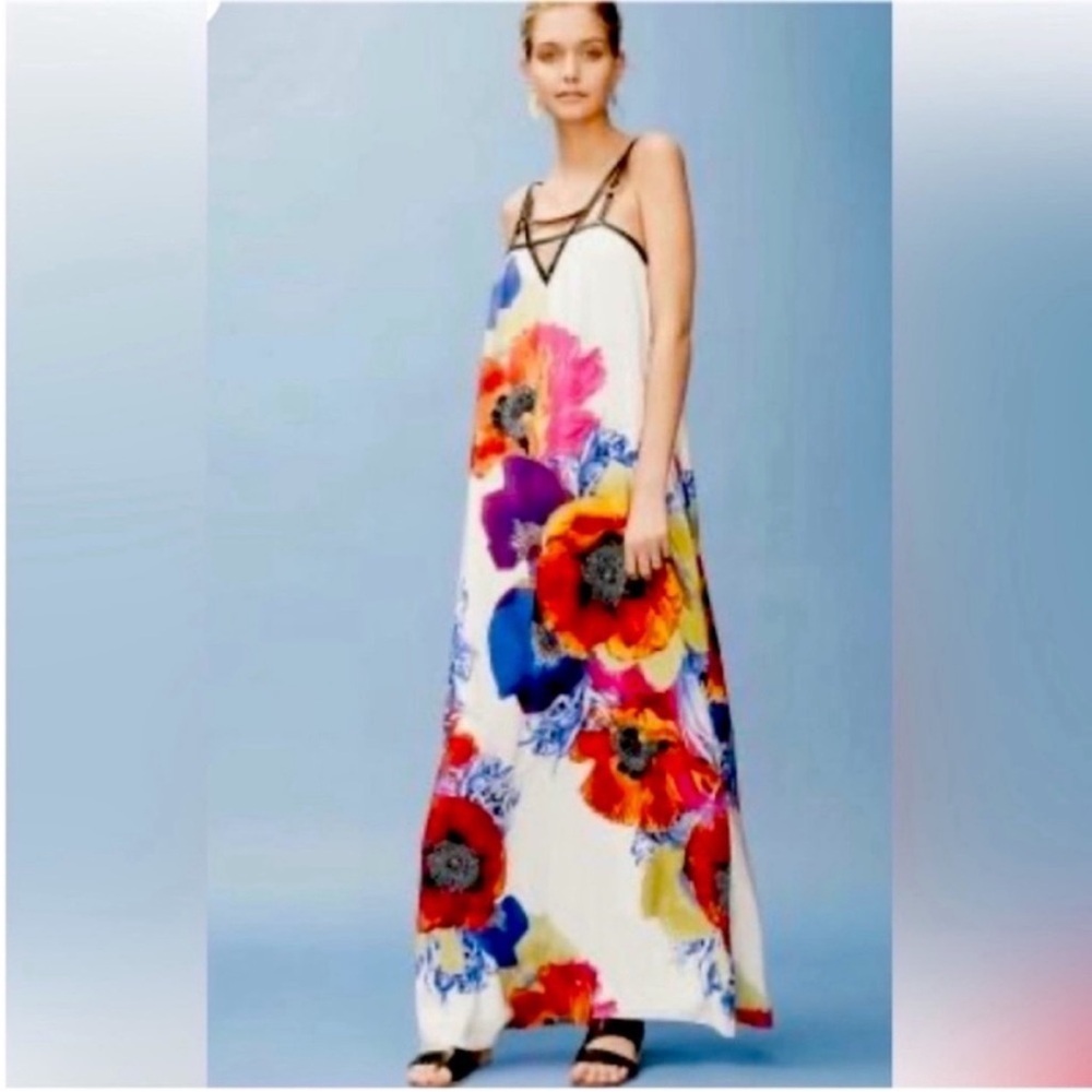 Leifsdottir Silk Sleeveless Floral Print Maxi Dress with Bright Blooms Sz 2